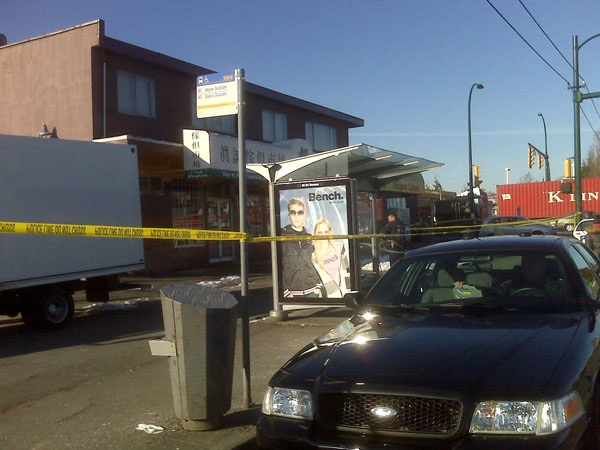 Police are at the scene of an alleged shooting at Jay's New and Used Furniture at Knight Street and East 41st in East Vancouver. March 10, 2009. (Shannon Paterson/CTV)