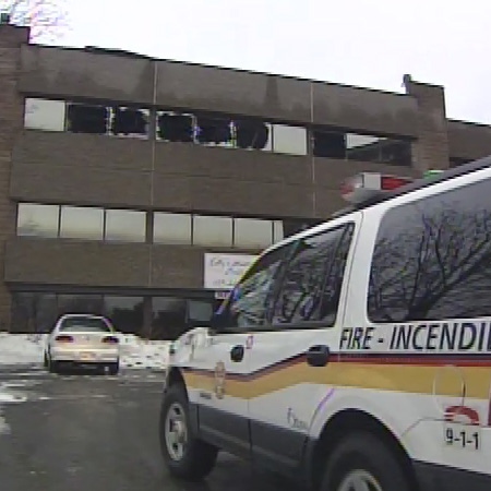 A late night fire blew out windows at a commercial building on Southvale Crescent, Tuesday, March 10, 2009.