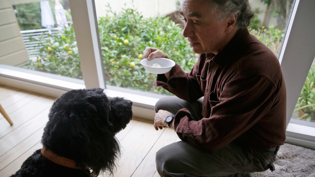 Michael Fasman feeds his dog cannabis tincture