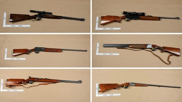 Six long guns seized after a search of a Brampton home on March 3 are shown in a handout photo. (Peel Regional Police)