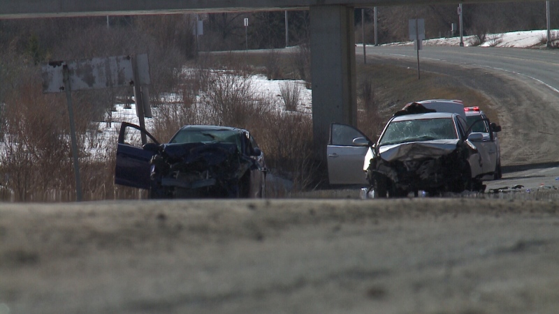 The scene of a two-car collision on the Airport Parkway between Walkley and Brookfield roads on Wednesday, Mar. 29, 2017. (Zane Burtnyk/CTV Ottawa)