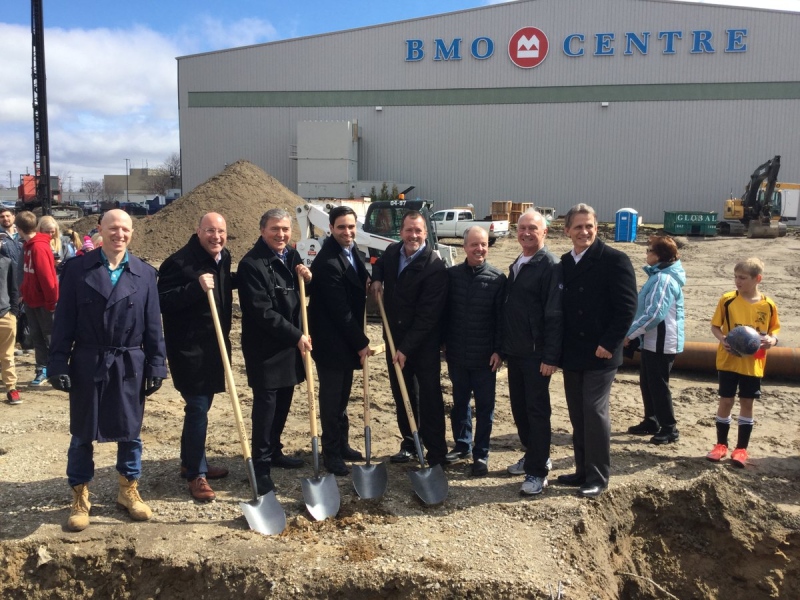 A ground breaking ceremony was held Saturday, April 1, 2017 to begin an expansion at the BMO Centre that will include two more indoor soccer pitches.
(Eric Taschner / CTV London)