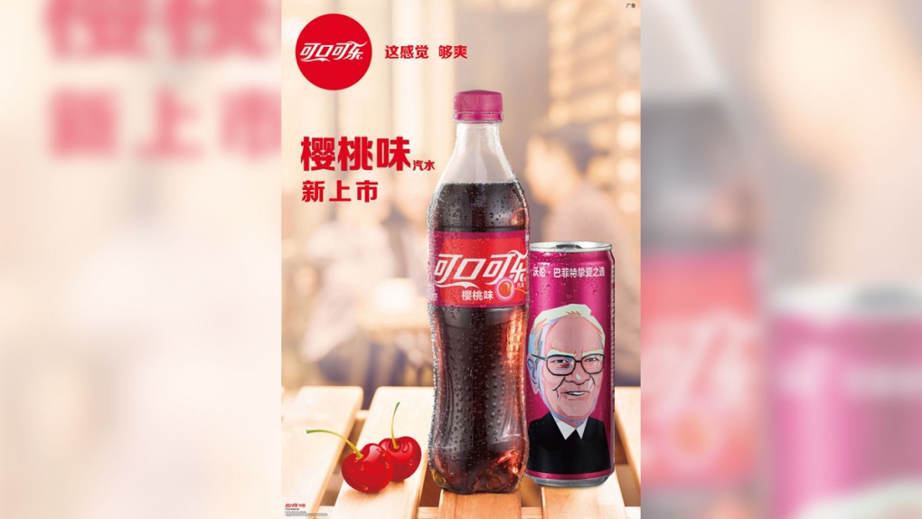 Cherry Coke with a likeness of Warren Buffett