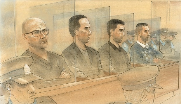 Nicola Nero, Martino Caputo, Rabih Alkhalil and Dean Wiwchar appear in court on April 5, 2017. (Sketch by John Mantha)