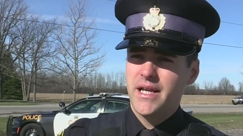 OPP Constable Adam Crewdson describes what happened in a serious two-vehicle crash at Ron McNeil Line and Burwell Road on Saturday, April 8, 2017.