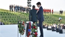 Canadian Prime Minister Justin Trudeau lays a wreath during a ceremony marking the 100th anniversary of the Battle of Vimy Ridge at the WWI Canadian National Vimy Memorial in Vimy, France, Sunday, April 9, 2017. (Philippe Huguen/Pool Photo via AP)