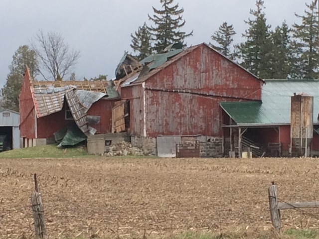 Barn damaged by a possible tornado 
