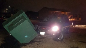 The GMC Envoy hit a transformer mere metres from the front of Candice Penner’s home on Cornell Bay around 4 a.m. (Photo: Candice Penner)