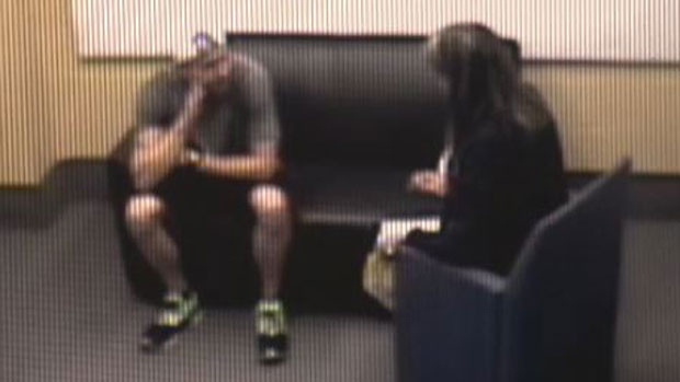 William Sandeson is seen being interviewed by Sgt. Charla Keddy in this image taken from video. Sandeson is charged with first-degree murder in the death of Taylor Samson.
