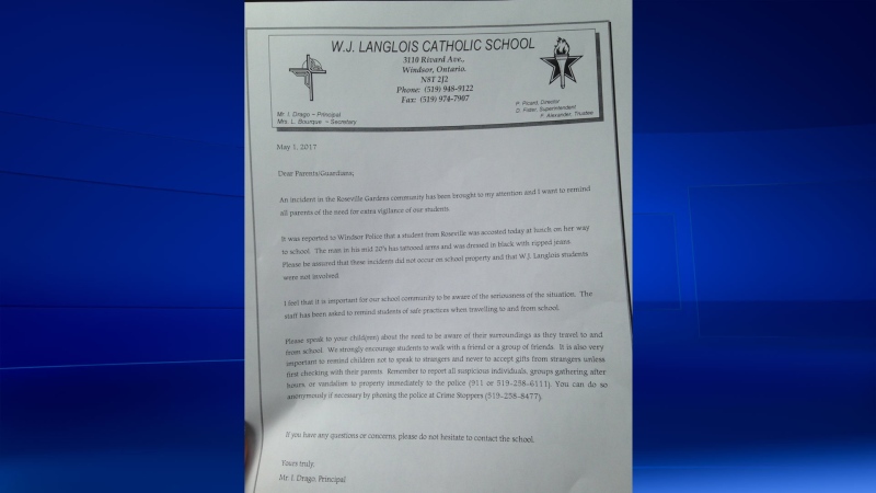 A note was sent home to parents at W.J. Langlois Catholic Elementary School on May 1, 2017. (Stefanie Masotti / CTV Windsor) 