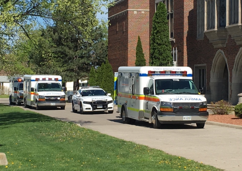 Ambulances at Kennedy High School in Windsor, Ont., on Wednesday, May 3, 2017. (Gord Bacon / AM800)