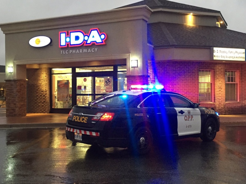 OPP investigate a robbery at I.D.A. TLC Pharmacy on Tecumseh Rd. E. in Tecumseh, Ont., on Thursday, May 4, 2017. (Alana Hadadean / CTV Windsor)