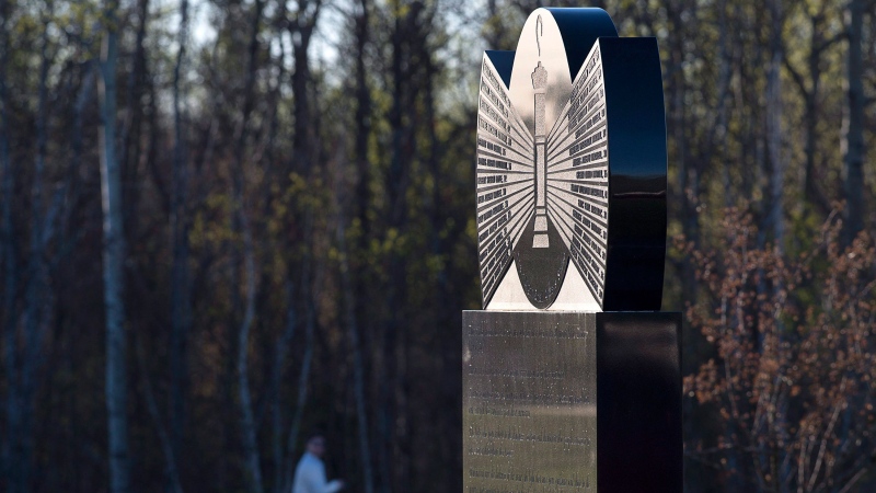 A monument bearing the names of the 26 coal miners who perished in the Westray mine disaster is seen at the Westray Miners Memorial Park in New Glasgow, N.S. on Monday, May 8, 2017. The coal mine exploded twenty five years ago on May 9, 1992. (THE CANADIAN PRESS/Andrew Vaughan)