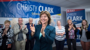 B.C. Liberal leader Christy Clark visits her campaign headquarters in West Kelowna, B.C., Tuesday, May 9, 2017. THE CANADIAN PRESS/Jonathan Hayward