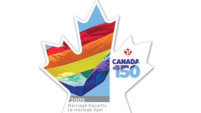 The maple-leaf-shaped stamp shows an image of a rainbow flag and the words "marriage equality" in both French and English.
