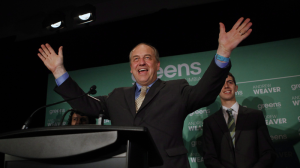 B.C. Green party leader Andrew Weaver speaks to supporters at election headquarters in Victoria, B.C. in the early morning hours of May 10, 2017. (THE CANADIAN PRESS/Chad Hipolito)