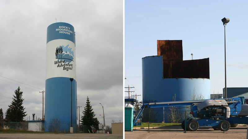 The water tower in Rocky Mountain House is seen before demolition began, and on Wednesday, May 10, 2017. Courtesy: Town of Rocky Mountain House.