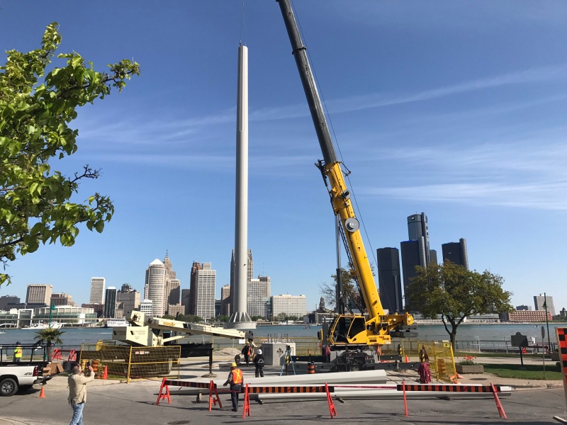 The massive Great Canadian Flag pole was installed at Windsor’s riverfront on Friday, May 12, 2017. (Rich Garton / CTV Windsor)