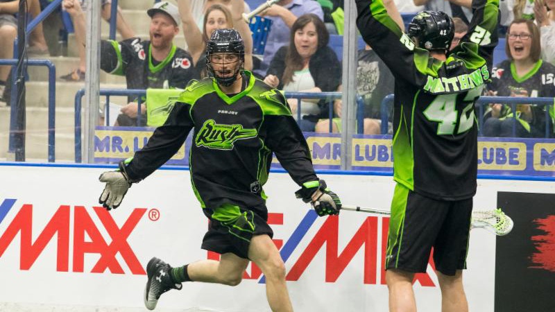 Saskatchewan Rush players celebrate during game two of the National Lacrosse League West Division final in Saskatoon on Friday, May 20, 2017. (Saskatchewan Rush)