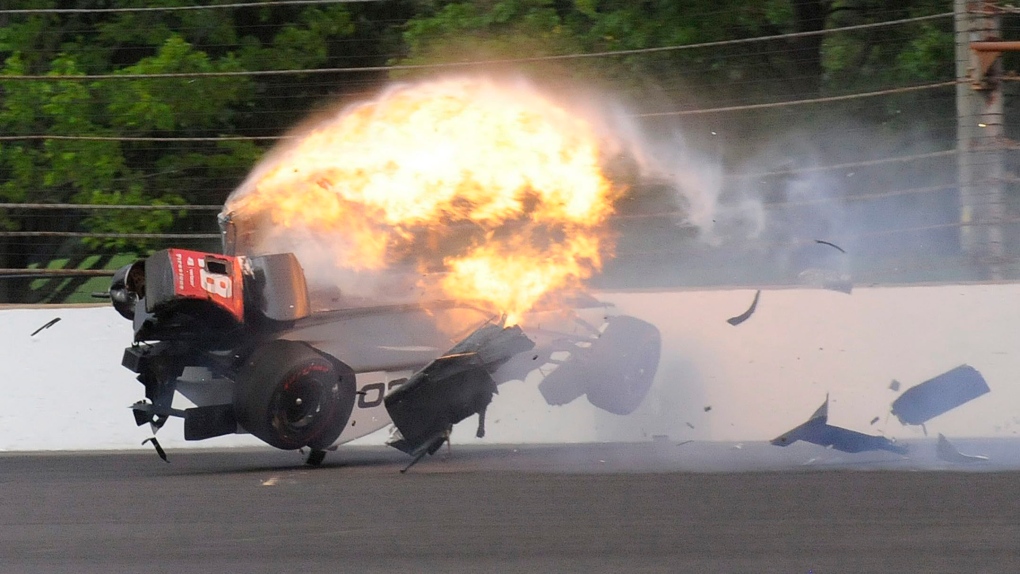 Indy car driven by Sebastien Bourdais crashes