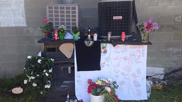 A memorial has been set up for Joshua Elliot, the man stabbed to death in Beaverton, Ont. The memorial can be seen on Monday, May 29, 2017. (Mike Arsalides/ CTV Barrie)