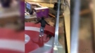 Video shows a man crashing through the roof of a Cinnzeo kiosk at West Edmonton Mall. 