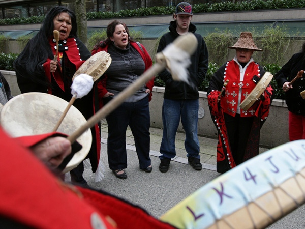 Family members and friends of Robert Pickton's victims hold a drum circle outside the British Columbia Court of Appeal where the serial killer's appeal was taking place in Vancouver, B.C., on Monday March 30, 2009. (CP/ Darryl Dyck)