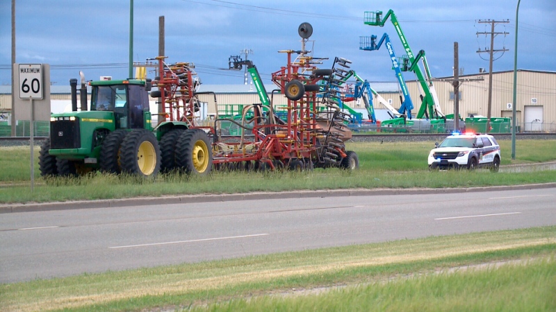 A man was ticketed after the tractor and air seeder he was driving left damage along Wanuskewin Road. (Dan Shingoose/CTV Saskatoon) 