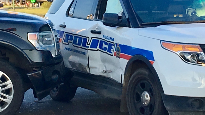 One person was taken to hospital after a pick-up truck struck a marked police cruiser on June 12, 2017. (GARETH DILLISTONE/CTV REGINA)