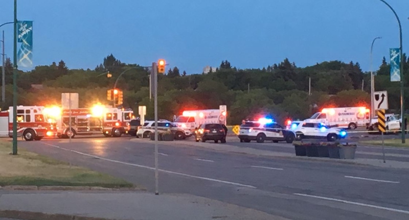 Emergency vehicles converge at Saskatoon's Airport and Circle drives late Monday, June 19, 2017, following a crash that left the driver of a stolen truck dead on scene. 