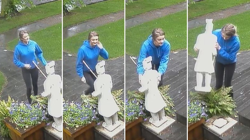 Surveillance footage from Tuesday, June 20, 2017, posted on Facebook, shows a woman in a blue sweater taking a decorative statue from a front yard in Forest Heights.