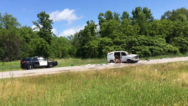 A woman was killed in a two vehicle crash on Highway 401 in Long Sault, Ont. It happened in the westbound lanes of Hwy 401 east of the Moulinette Road exit around 7 a.m. Wednesday, June 28, 2017. (Peter Szperling/CTV Ottawa)