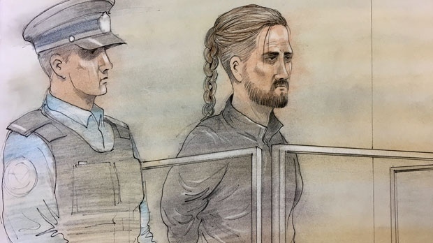 Kristian Jarvis, 31, appears in court on 34 charges following a police pursuit on Highway 400. (Sketch by John Mantha)