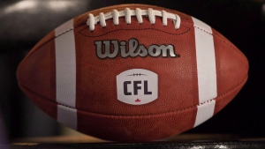A football with the new CFL logo sits on a chair during a press conference in Winnipeg, Friday, November 27, 2015. (John Woods/THE CANADIAN PRESS)