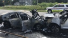 The charred remains of a two car crash on Bank St. Sunday afternoon that sent four people to hospital, one in critical condition. (Ottawa Paramedics) 