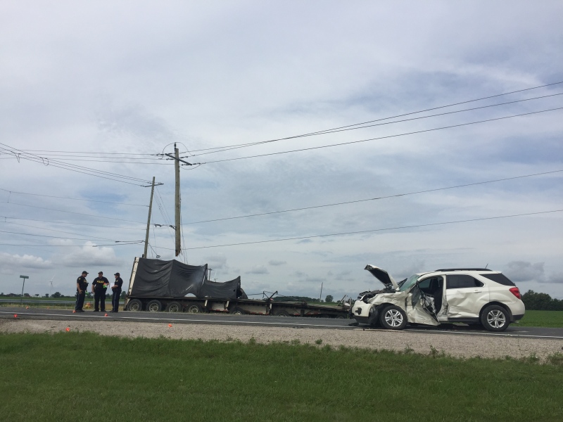 Essex County OPP are on the scene of a fatal multi-vehicle crash in Comber, Ont., on Wednesday, July 26, 2017. (Sacha Long / CTV Windsor)