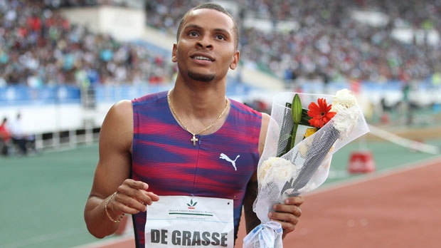 Canadian De Grasse Andre celebrates after winning the men's 200-meter at the International Mohammed VI track and field meeting in Rabat, Morocco, Sunday, July 16, 2017. (AP Photo/Abdeljalil Bounhar)