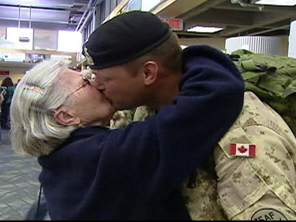 Ellie Swoboda embraces her son, M. Cpl. Andreas Swoboda, who has come home to Kelowna,B.C.,  after a six-month tour of duty in Afghanistan. April 6, 2009. (CTV) 