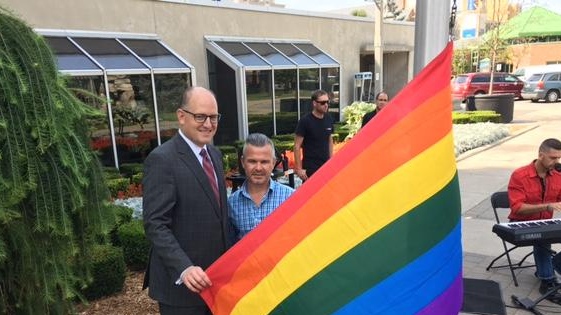 Mayor Drew Dilkens and Windsor Pride Fest President David Lenz kick off week-long festivities at city hall Wednesday. ( Rob Hindi / AM800 )