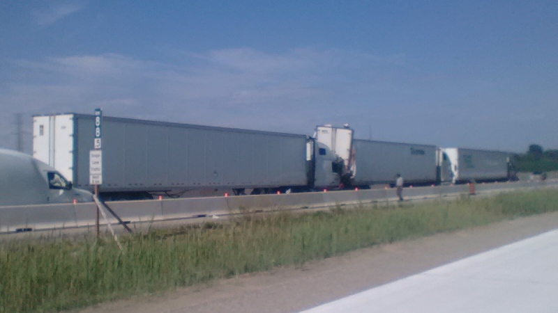 The OPP are investigating a five-vehicle chain reaction crash on the 401 in Chatham-Kent. (OPP photo)