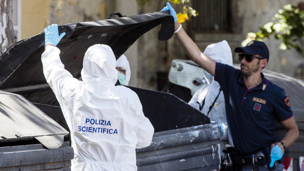 Trash bin in which body parts were found in Rome