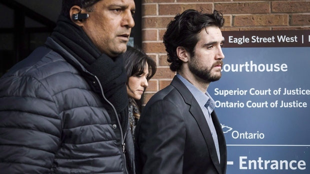 Marco Muzzo, right, leaves the Newmarket courthouse surrounded by family, on February 4, 2016. A sentencing hearing is scheduled today for the 29-year-old who pled guilty to driving drunk and causing a horrific crash that killed three children and their grandfather. THE CANADIAN PRESS/Christopher Katsarov