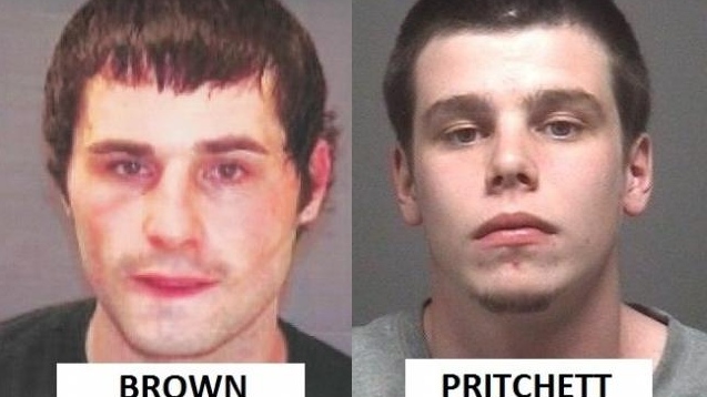 Dylan Brown, left, and Max Cameron Pritchett, right, are wanted by Barrie, Ont. police for a targeted shooting. (Barrie police)