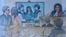 Toronto-area woman Rehab Dughmosh appears before a judge after being ordered to be brought from her cell by force on August 21, 2017. (Sketch by John Mantha) 