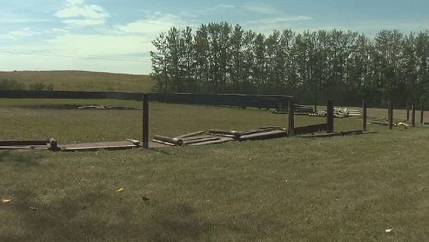Blackfalds RCMP said boards at the arena located at the old Satinwood School property in Joffre, Alta were torn down and used in a bonfire on Saturday, August 19, 2017.