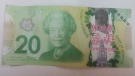A counterfeit $20 bill with Chinese writing on it is shown in this image released by Northeast District RCMP.