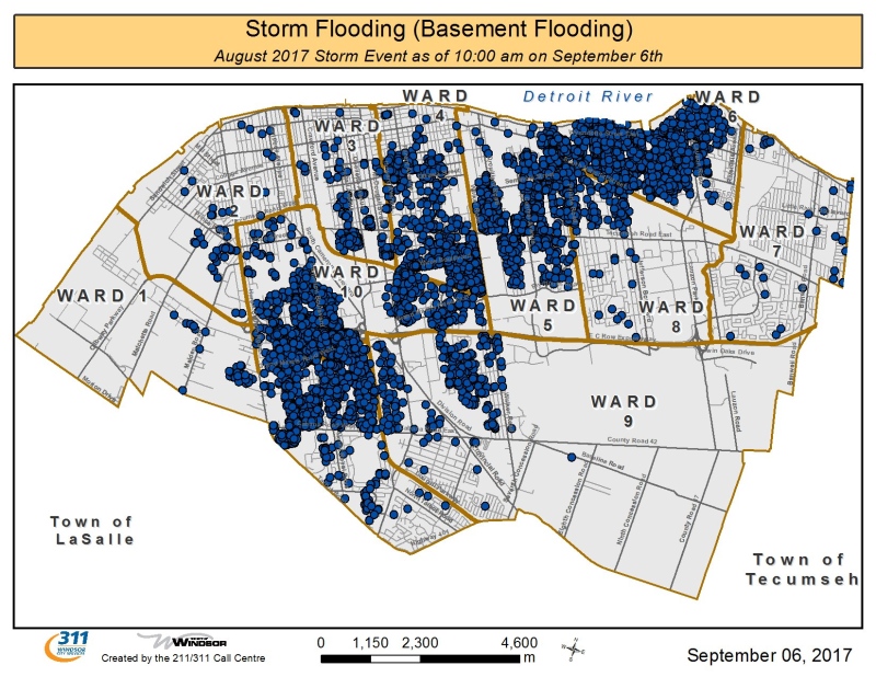 This map indicates basement flooding calls to Windsor's 311 call centre after the August rainfall event. As of September 6, More than 5,400 calls have been received. (Handout, City of Windsor)