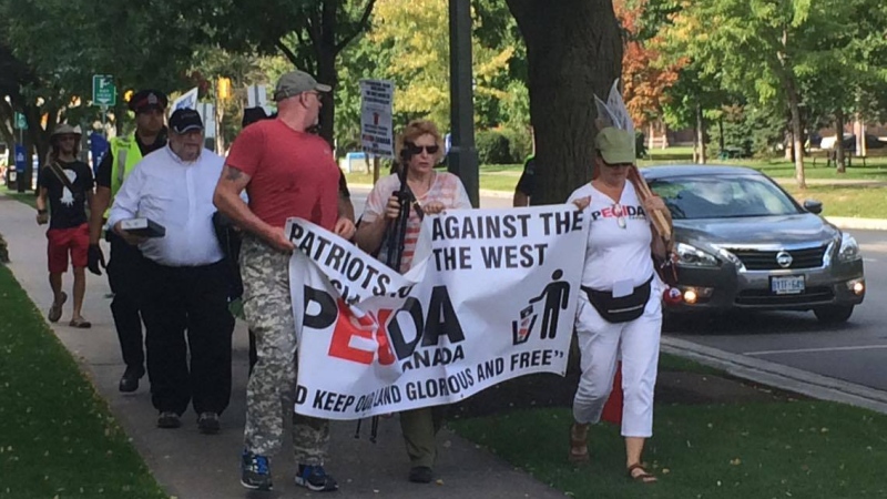 Pegida Canada holds a rally and march in downtown London on Saturday, Sept. 23, 2017.
(Brent Lale / CTV London)