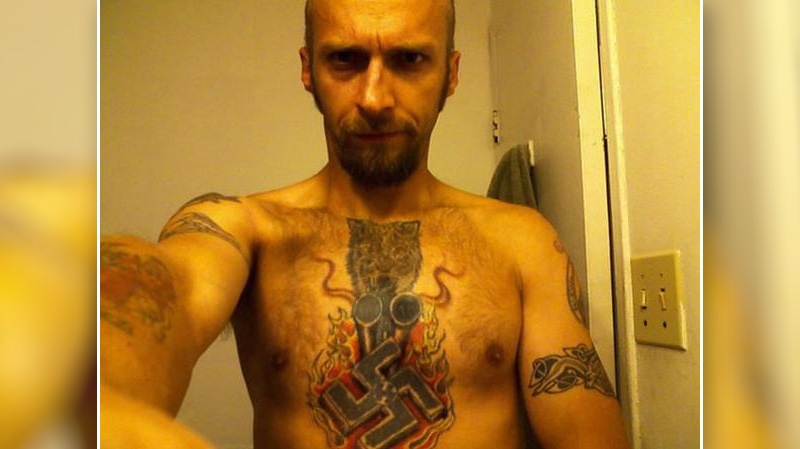 Kevin Goudreau, chairman of the group Canadian Nationalist Front,  with a swastika tattooed on his chest is organizing a white supremacist rally in Peterborough, Ontario on Saturday.