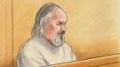 Artist sketch of Basil Borutski as seen in an Ottawa courtroom on Monday, Oc.t 2, 2017. Borutski is on trial for three first-degree murder charges in the deaths of Carol Culleton, 66, Anastasia Kuzyk, 36, and Nathalie Warmerdam, 48, whose bodies were found in separate crime scenes in and around Wilno, Ont., on Sept. 22, 2015. (Credit: Lauren Foster-MacLeod)